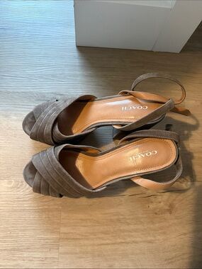 COACH Taupe Suede Peep-Toe Slingback Heels